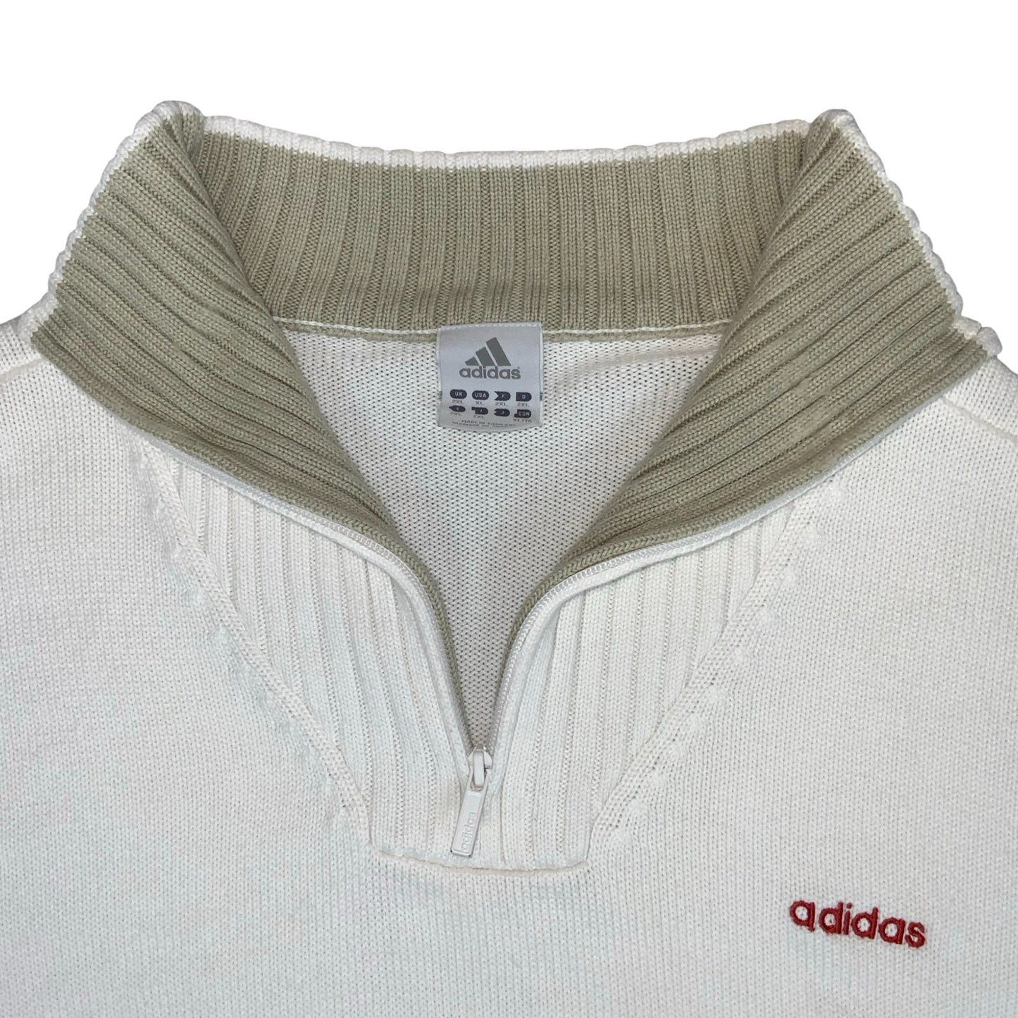 VTG 'ADIDAS' WHITE BEIGE RIBBED 1/4 ZIP NECK KNIT PULLOVER CASUAL SWEATSHIRT 2XL