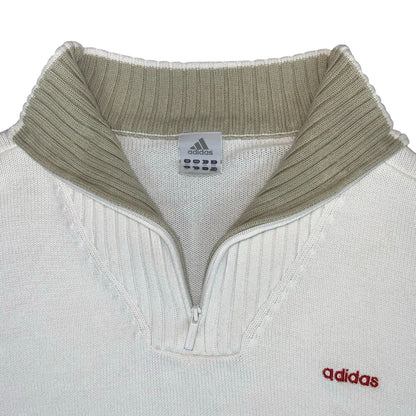VTG 'ADIDAS' WHITE BEIGE RIBBED 1/4 ZIP NECK KNIT PULLOVER CASUAL SWEATSHIRT 2XL