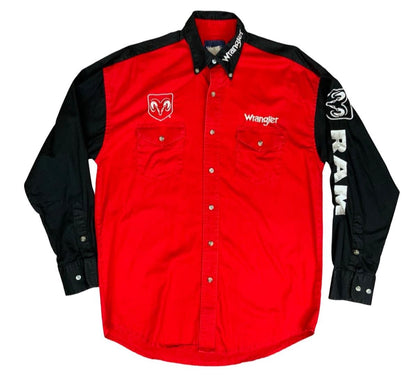 VTG 90s WRANGLER DODGE RAM TRUCK RODEO RED & BLACK WESTERN SHIRT MEDIUM
