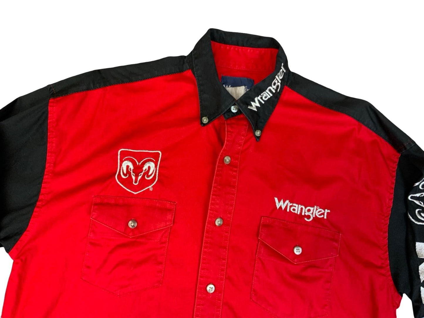 VTG 90s WRANGLER DODGE RAM TRUCK RODEO RED & BLACK WESTERN SHIRT MEDIUM