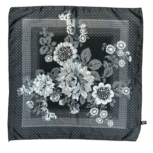 VTG BLACK GREY WHITE FLORAL PATTERNED ELEGANT SQUARE SCARF