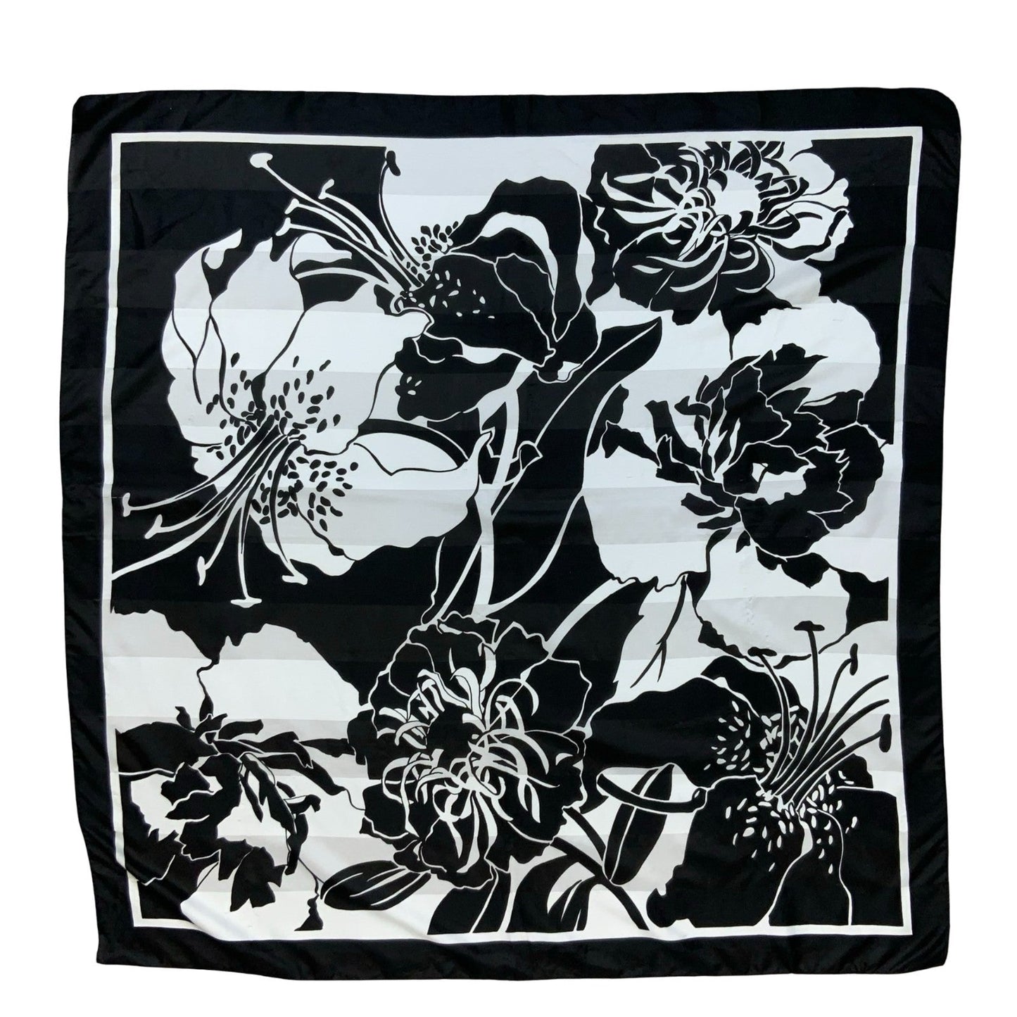 VTG BLACK WHITE TROPICAL FLORAL FLOWER SQUARE SCARF