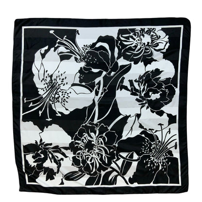 VTG BLACK WHITE TROPICAL FLORAL FLOWER SQUARE SCARF
