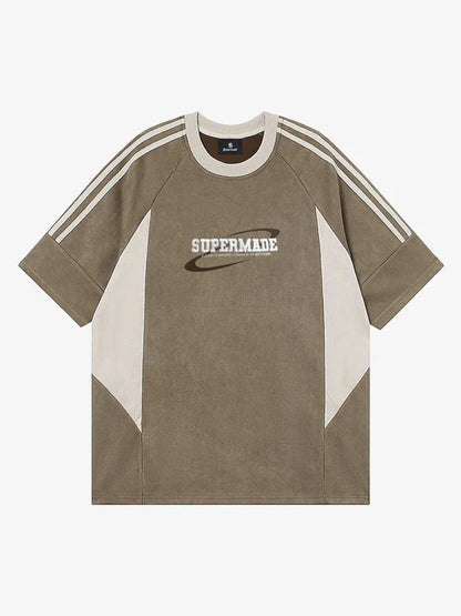 Suede Contrast Color Spliced Letter Embroidery Oversize T-shirt - 2462