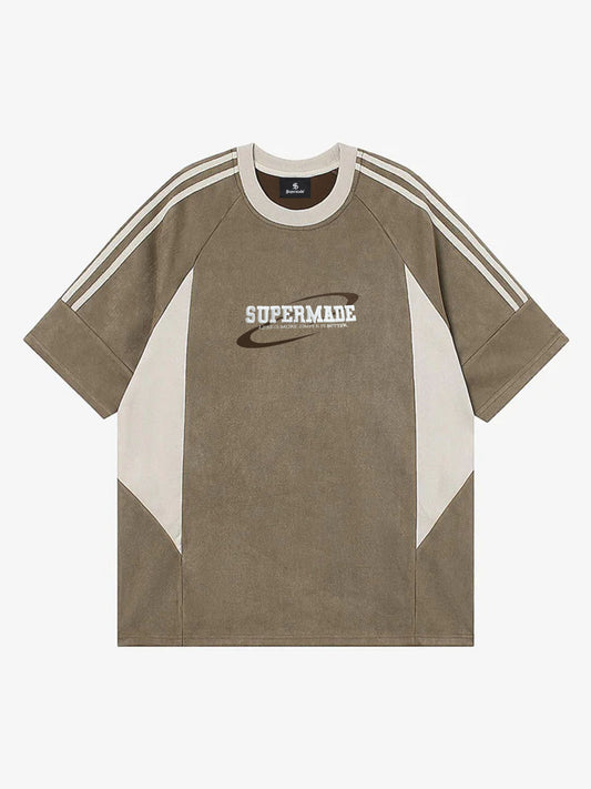 Suede Contrast Color Spliced Letter Embroidery Oversize T-shirt - 2462