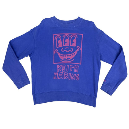 Keith Haring Art Smiley Big Printed Graphic Purple Crewneck Sweater Jumper XL