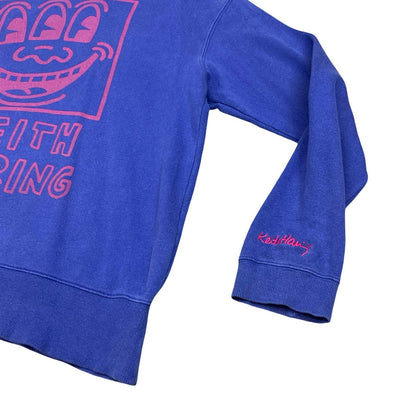 Keith Haring Art Smiley Big Printed Graphic Purple Crewneck Sweater Jumper XL