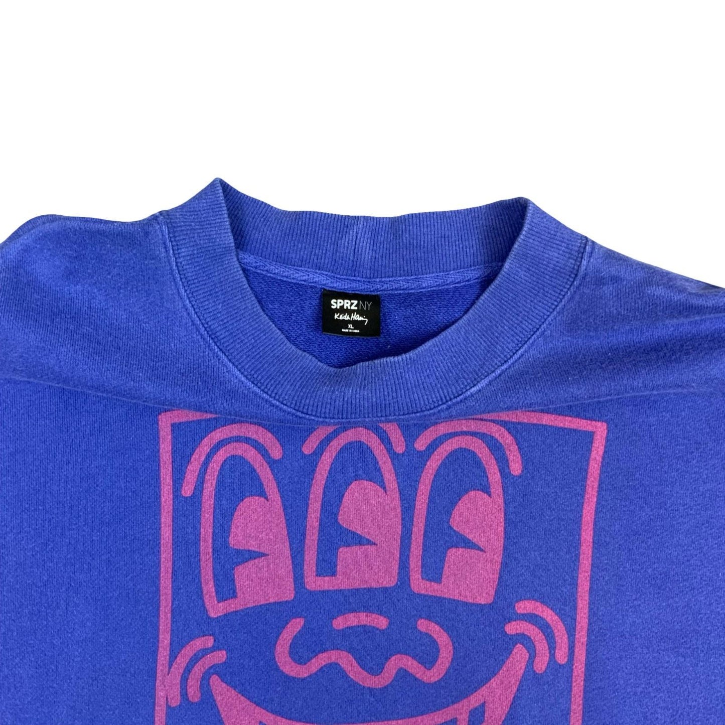 Keith Haring Art Smiley Big Printed Graphic Purple Crewneck Sweater Jumper XL