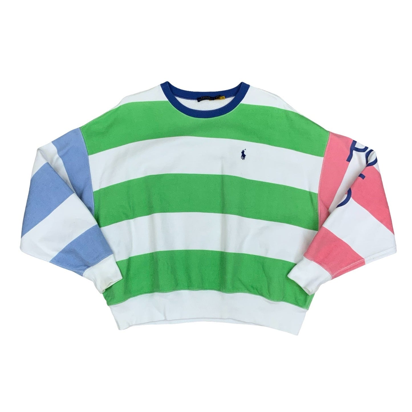 Y2K Polo Ralph Lauren Womens Striped Blue Green Pink Sweat Crewneck Jumper Lrg