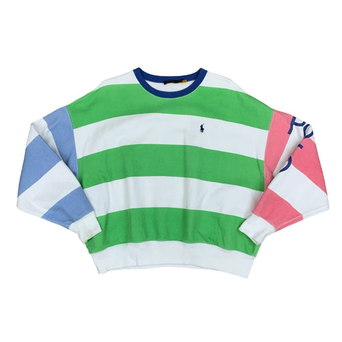 Y2K Polo Ralph Lauren Womens Striped Blue Green Pink Sweat Crewneck Jumper Lrg