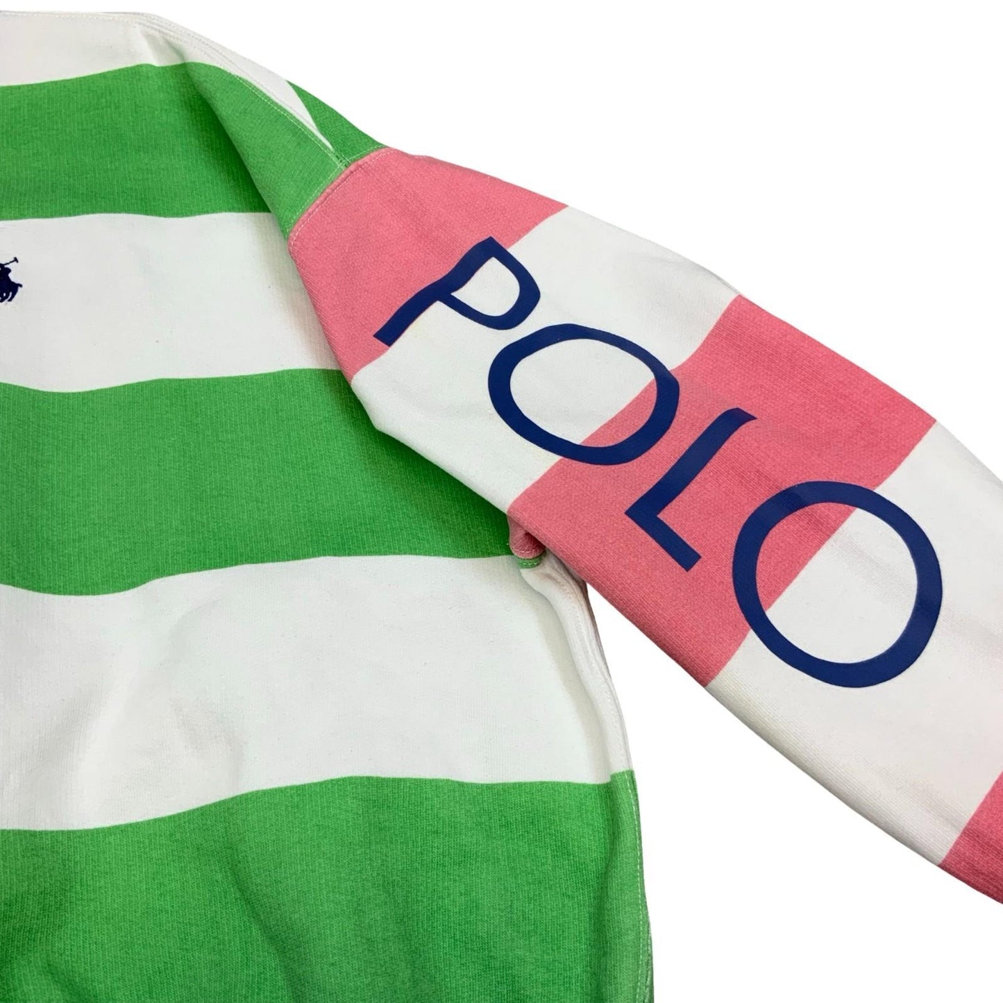 Y2K Polo Ralph Lauren Womens Striped Blue Green Pink Sweat Crewneck Jumper Lrg