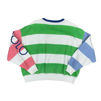 Y2K Polo Ralph Lauren Womens Striped Blue Green Pink Sweat Crewneck Jumper Lrg