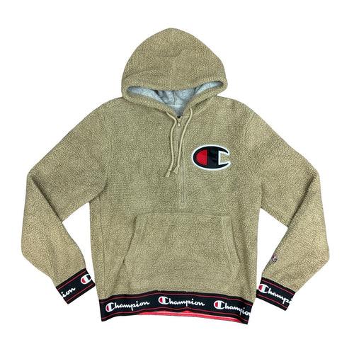 Champion Beige Cream Sherpa Embroidered Logo 1/2 Zip Hooded Sweatshirt Medium