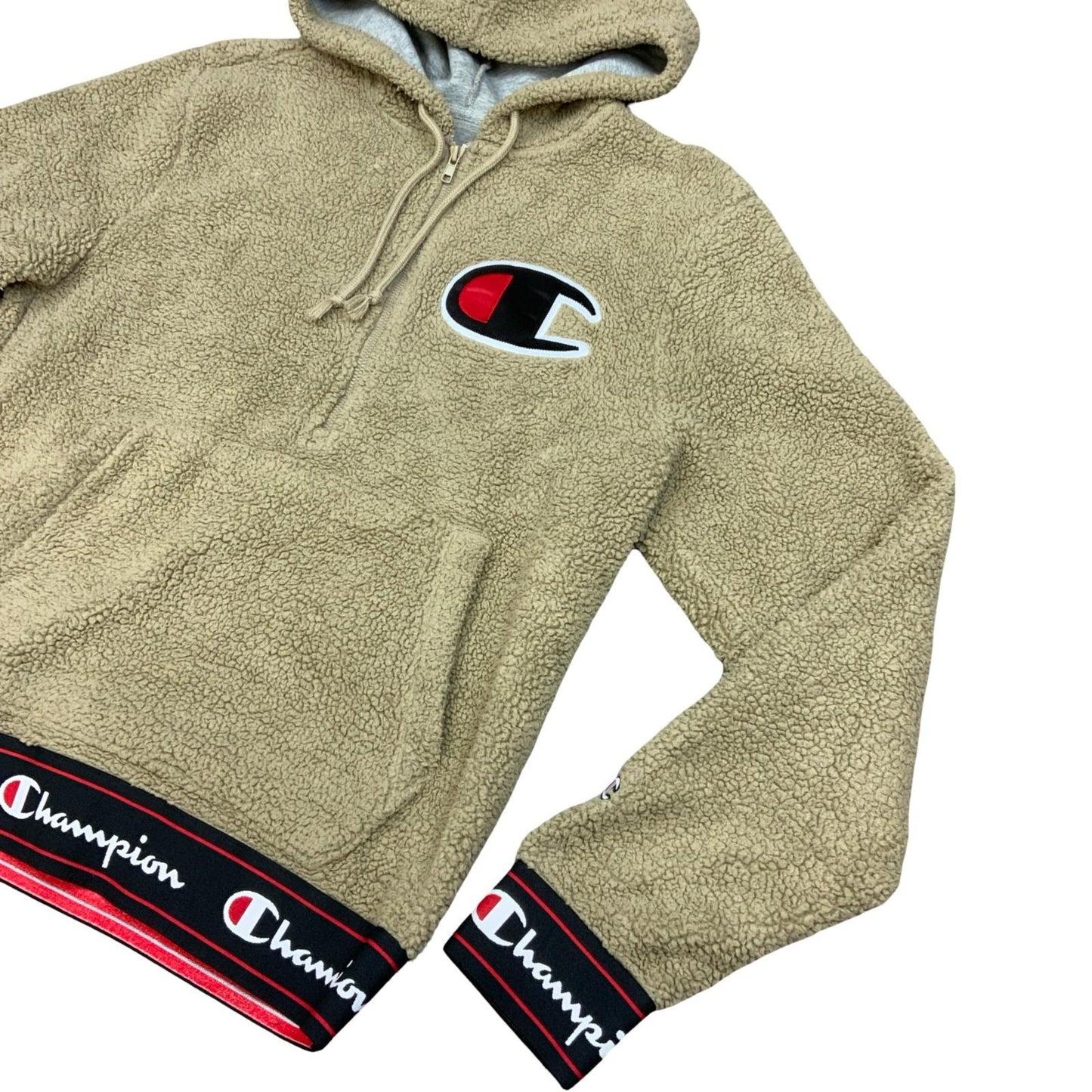 Champion Beige Cream Sherpa Embroidered Logo 1/2 Zip Hooded Sweatshirt Medium