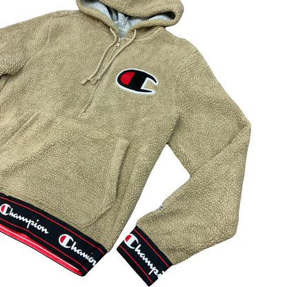 Champion Beige Cream Sherpa Embroidered Logo 1/2 Zip Hooded Sweatshirt Medium