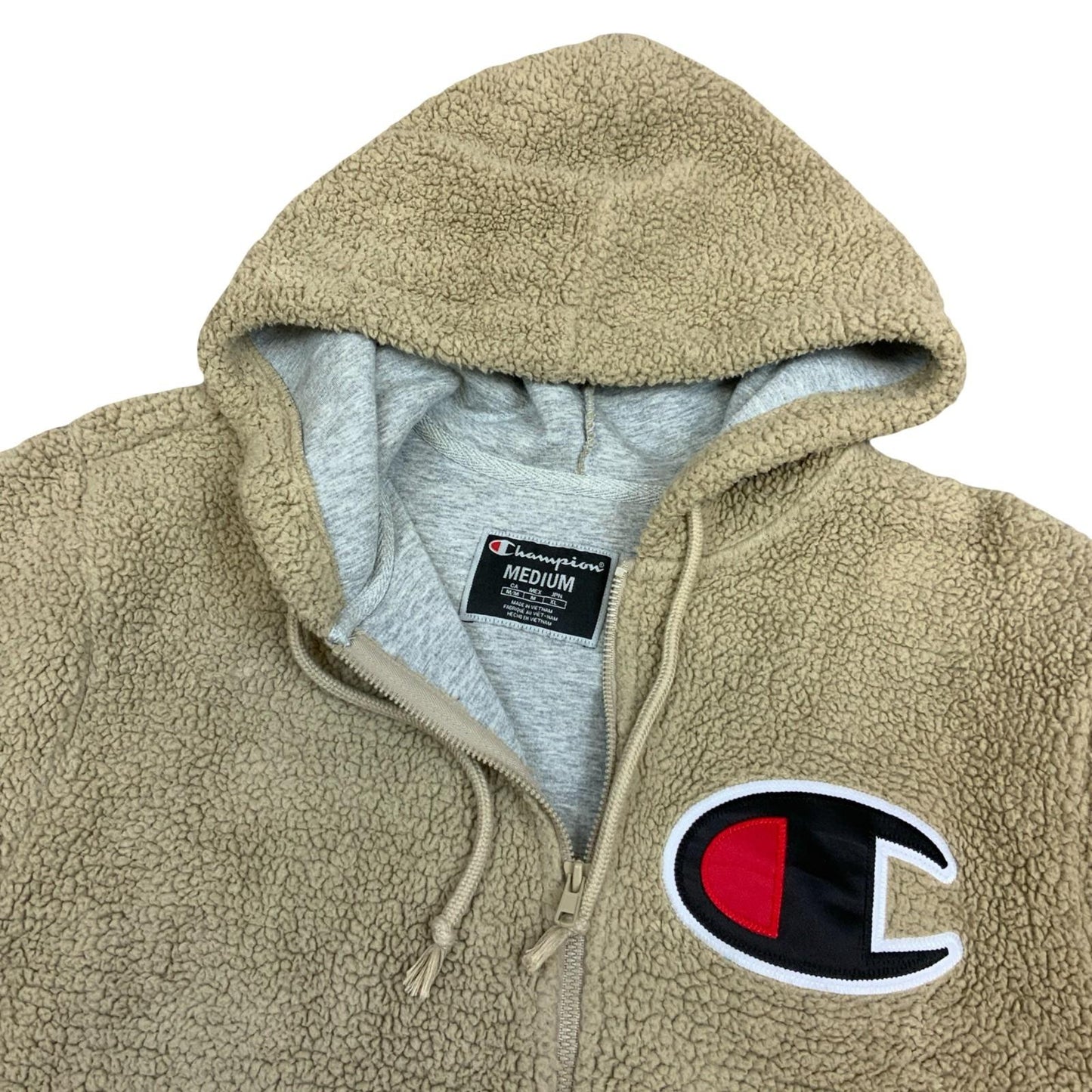 Champion Beige Cream Sherpa Embroidered Logo 1/2 Zip Hooded Sweatshirt Medium