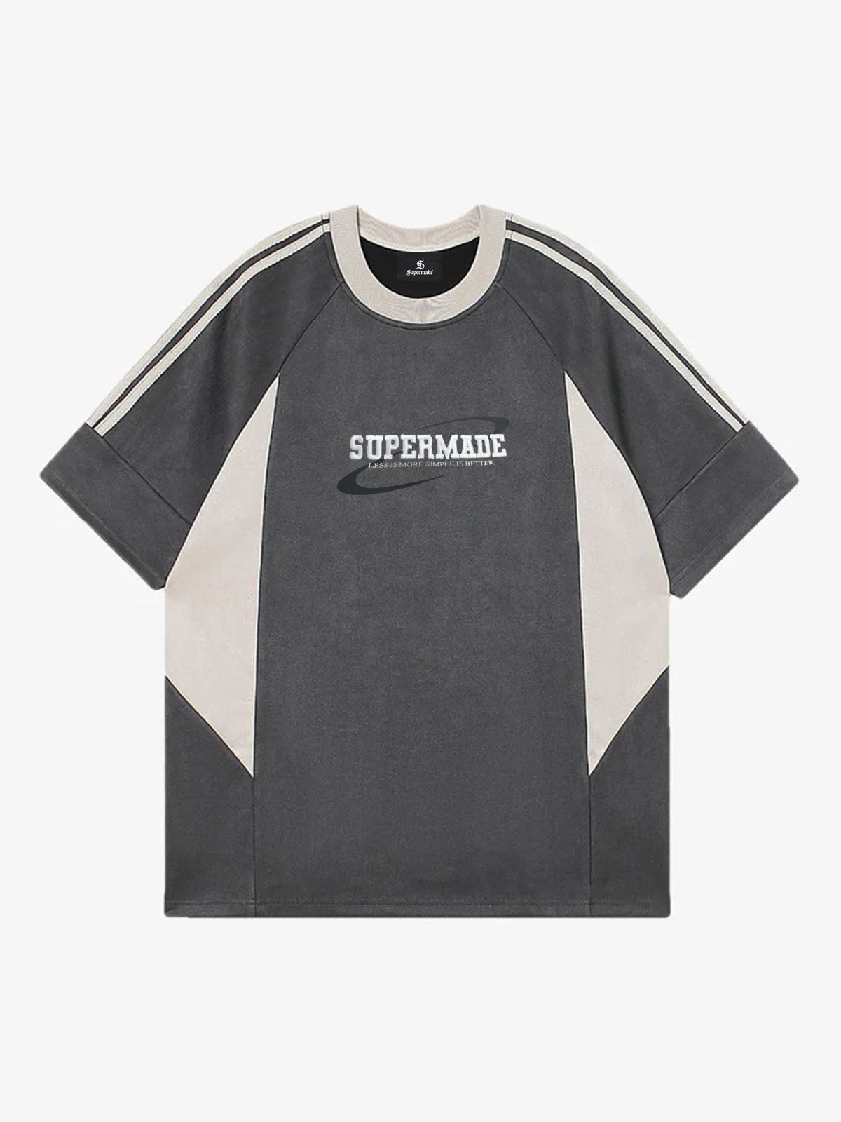 Suede Contrast Color Spliced Letter Embroidery Oversize T-shirt - 2462