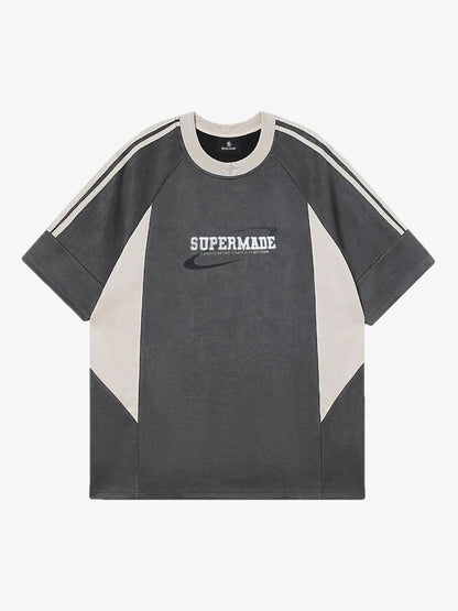 Suede Contrast Color Spliced Letter Embroidery Oversize T-shirt - 2462
