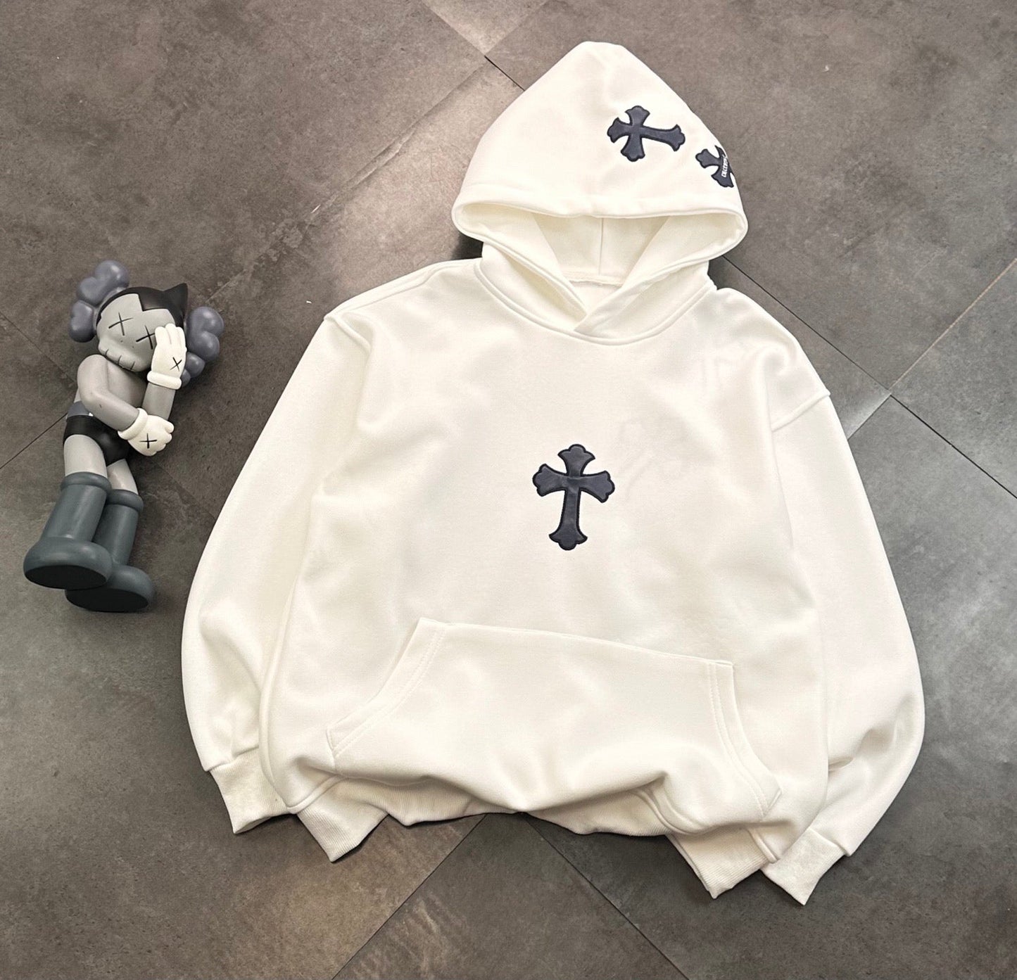 CHROME HEARTS BLACK CROSS PATCH HOODIE WHITE