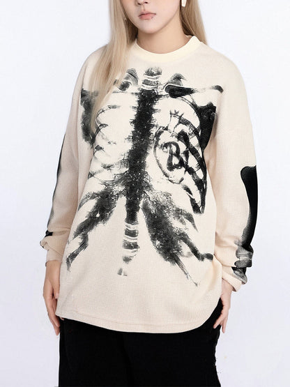 Skeleton Graphic Waffle Sweatshirt – Spooky Halloween Vibes - 2495