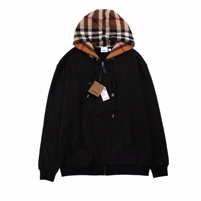 BURBERRY CHECK HOOD COTTON HOODIE BLACK