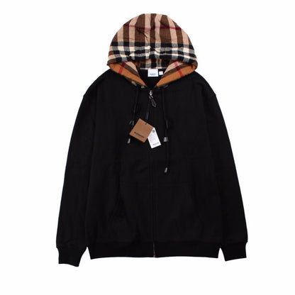 BURBERRY CHECK HOOD COTTON HOODIE BLACK