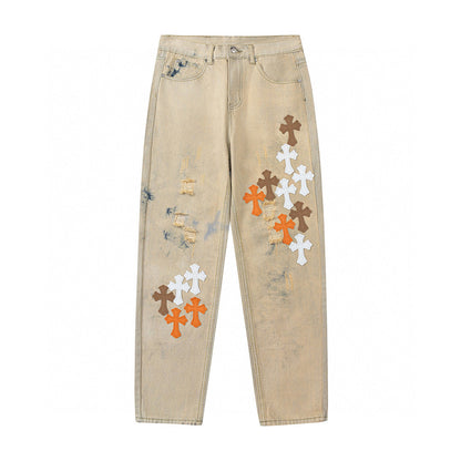 CHROME HEARTS ORANGE BROWN CROSS PATCH JEANS BEIGE