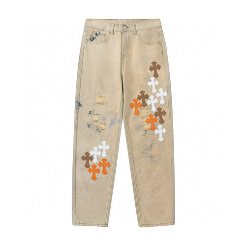 CHROME HEARTS ORANGE BROWN CROSS PATCH JEANS BEIGE