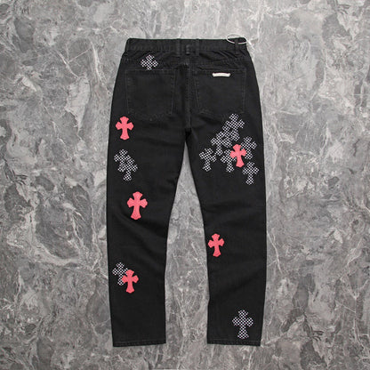 CHROME HEARTS PINK & CHECKERED CROSS PATCH FLEURKNEE JEANS BLACK