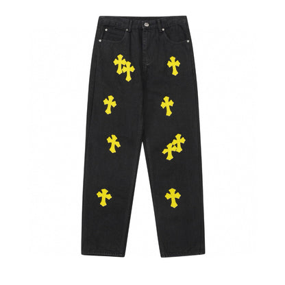 CHROME HEARTS YELLOW CROSS PATCH JEANS BLACK
