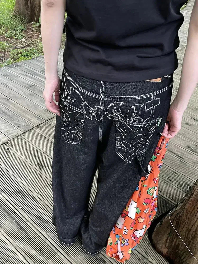 Baggy Black Embroidered Jeans