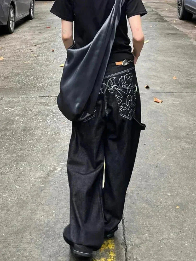 Baggy Black Embroidered Jeans