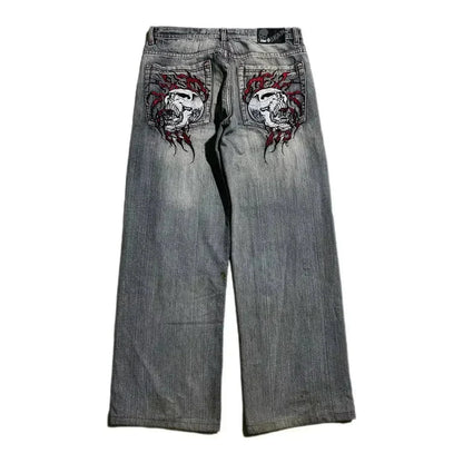 Grunge Skull Embroidery Mid Rise Jeans