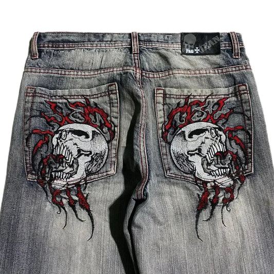 Grunge Skull Embroidery Mid Rise Jeans