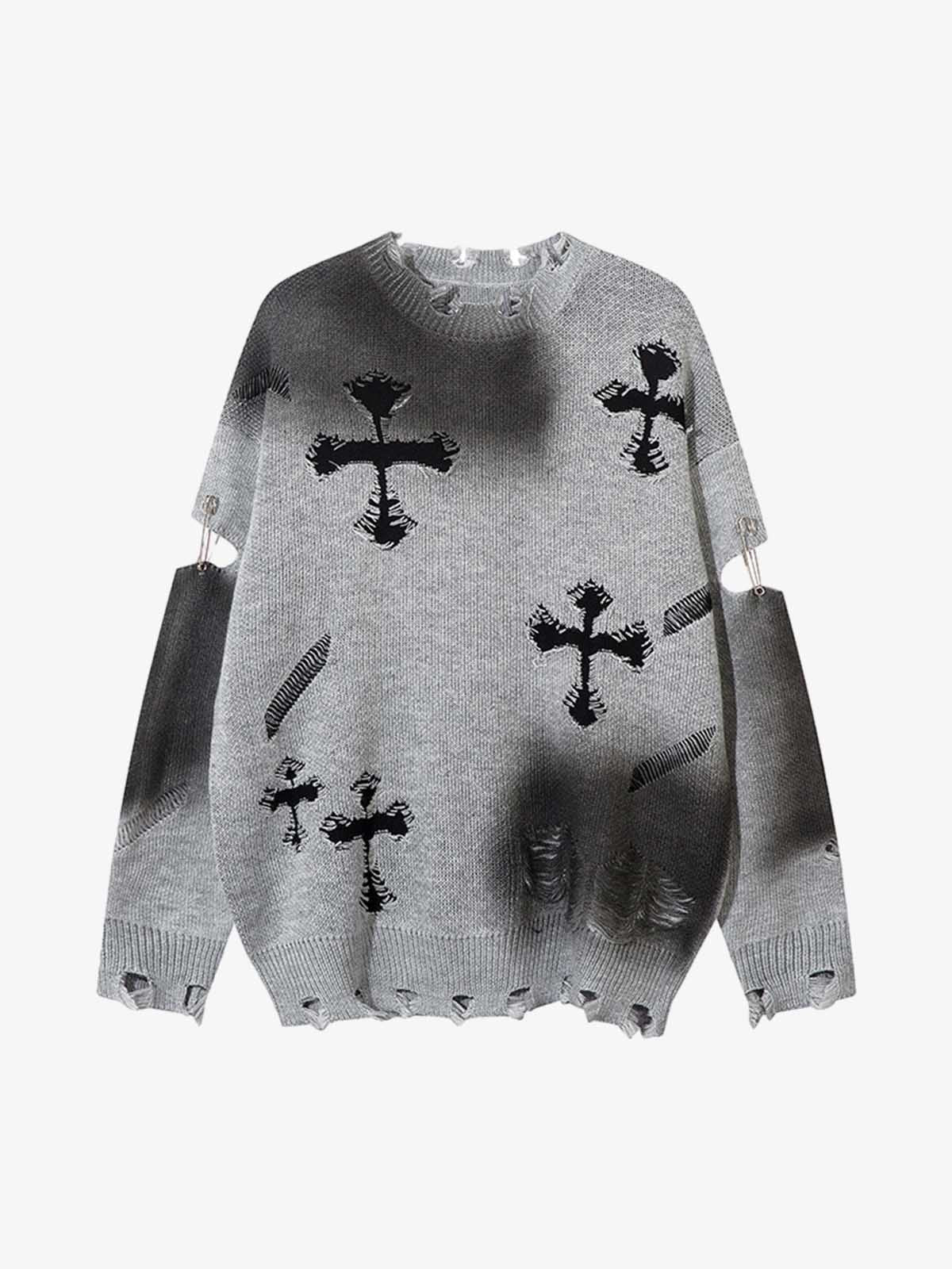 Vintage Spray-Painted Cross Hole Knit Sweater