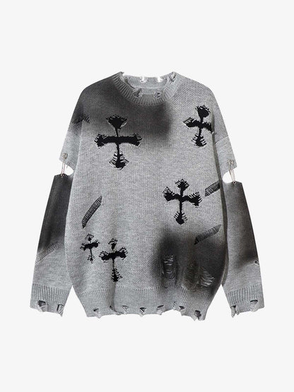 Vintage Spray-Painted Cross Hole Knit Sweater