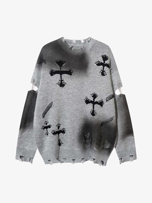 Vintage Spray-Painted Cross Hole Knit Sweater