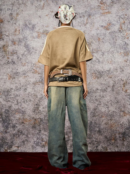 Suede Contrast Color Spliced Letter Embroidery Oversize T-shirt - 2462