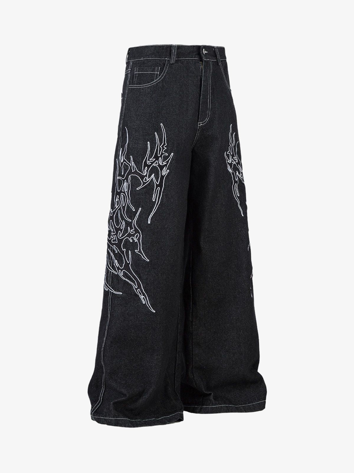 Denim Embroidered Flame Baggy Jeans - 2456
