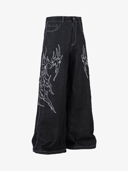 Denim Embroidered Flame Baggy Jeans - 2456