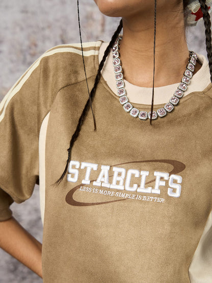 Suede Contrast Color Spliced Letter Embroidery Oversize T-shirt - 2462