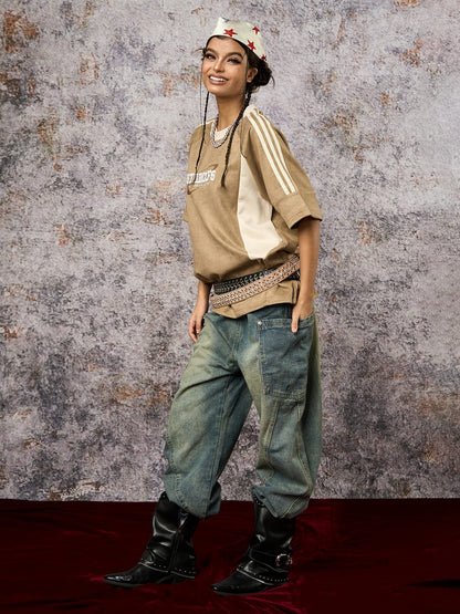 Suede Contrast Color Spliced Letter Embroidery Oversize T-shirt - 2462