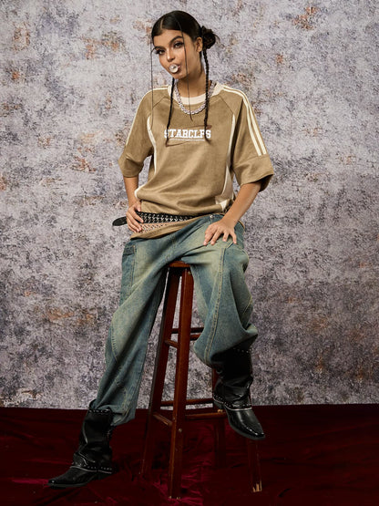 Suede Contrast Color Spliced Letter Embroidery Oversize T-shirt - 2462