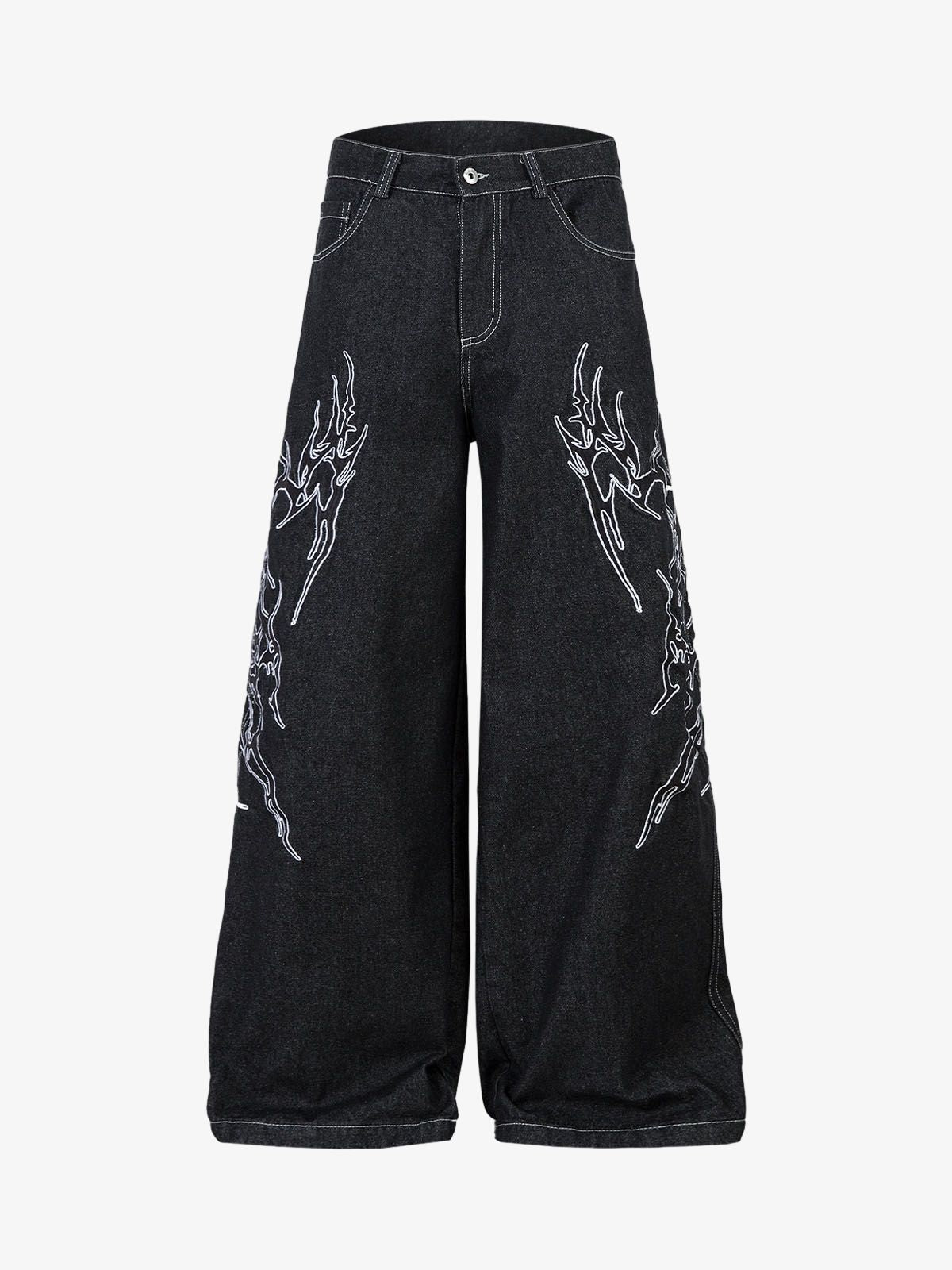 Denim Embroidered Flame Baggy Jeans - 2456