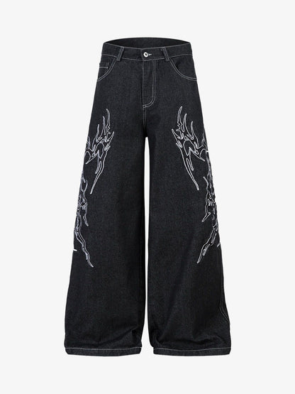 Denim Embroidered Flame Baggy Jeans - 2456
