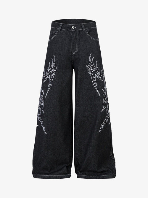 Denim Embroidered Flame Baggy Jeans - 2456