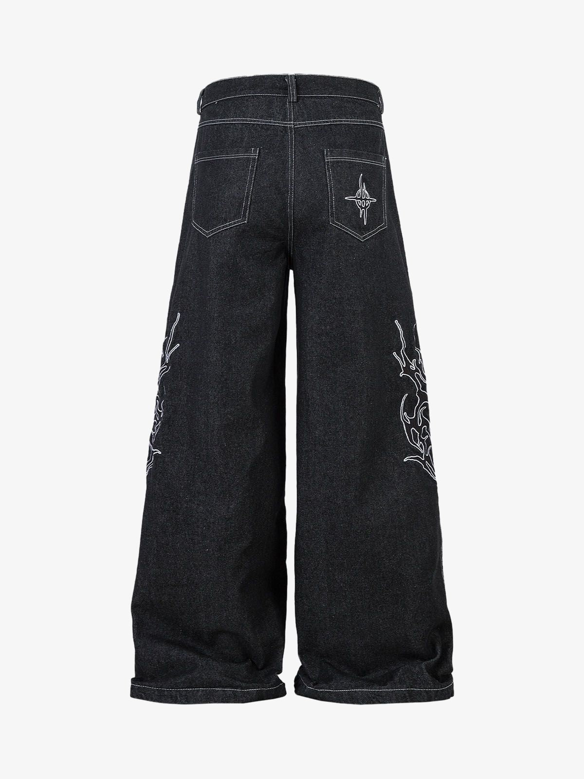 Denim Embroidered Flame Baggy Jeans - 2456