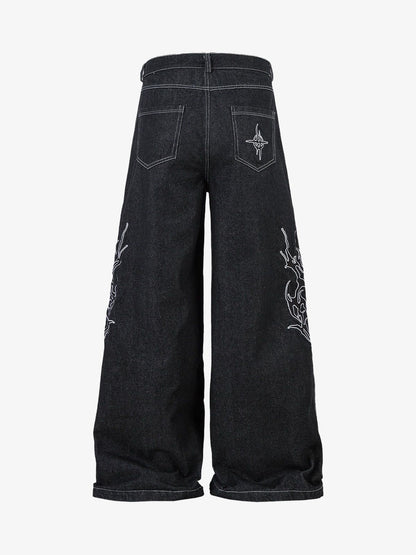Denim Embroidered Flame Baggy Jeans - 2456