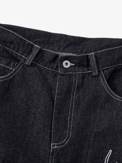 Denim Embroidered Flame Baggy Jeans - 2456