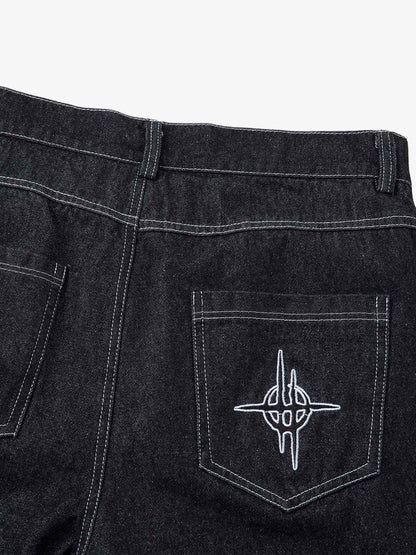 Denim Embroidered Flame Baggy Jeans - 2456